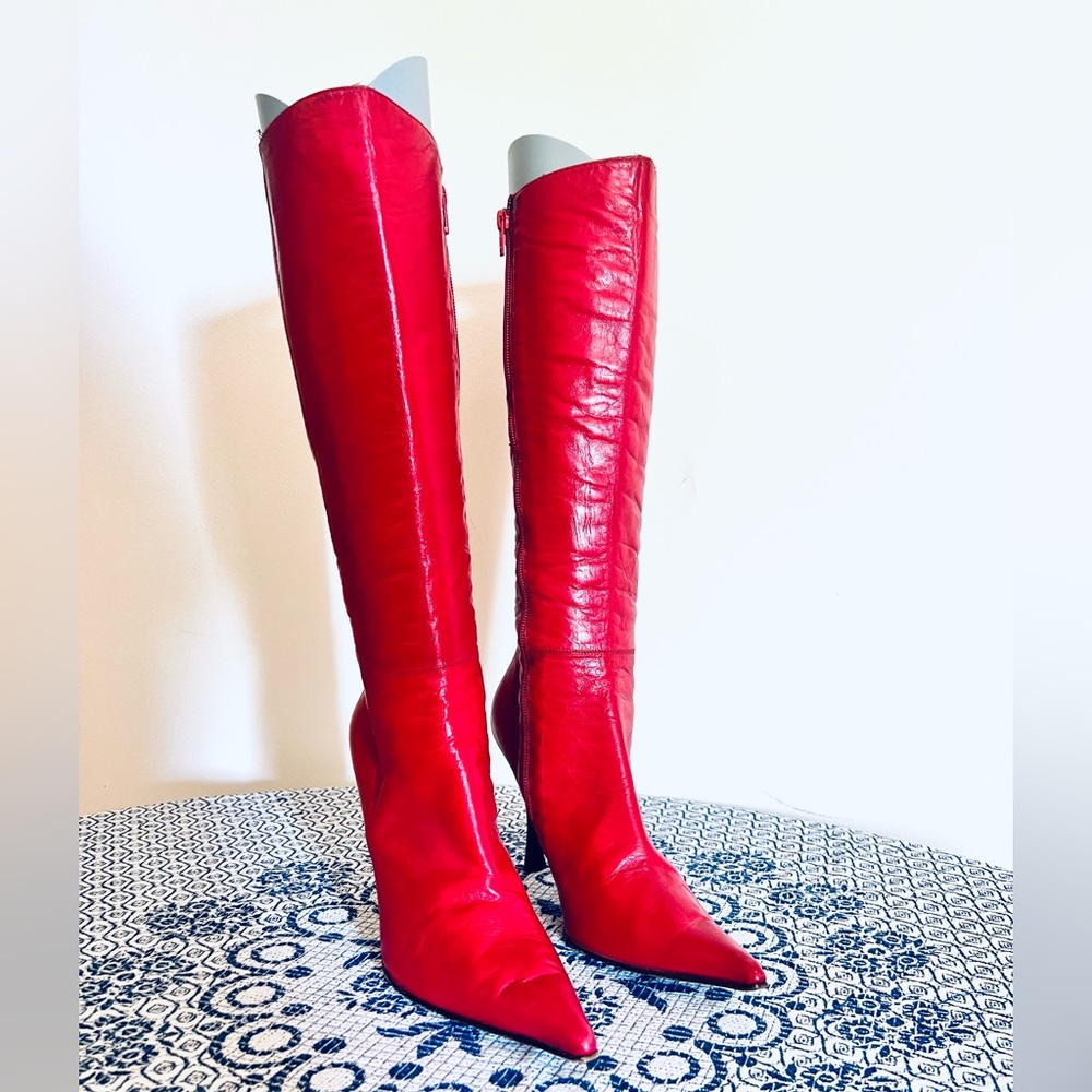 Gorgeous Rich Red Tall Leather High Heel Boots by Vero Cuoio for Helen Marlen